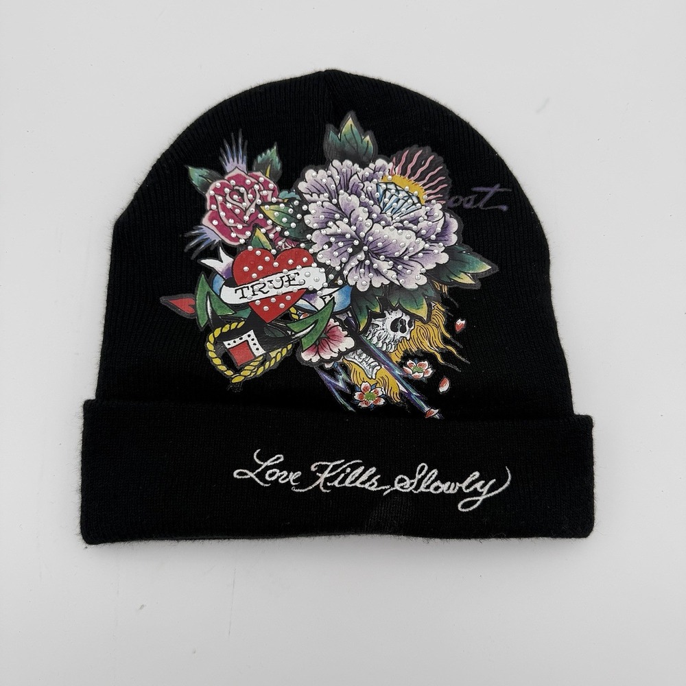 Ed Hardy beanie hat One Size Tiger Embroidered Cuffed goth tattoo streetwear Y2K